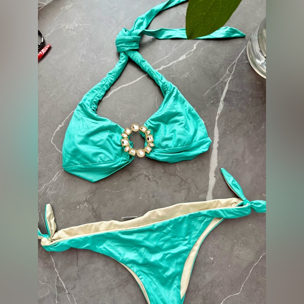 Beach Bunny Turquoise Green Push-Up Bikini with Jewel Ring